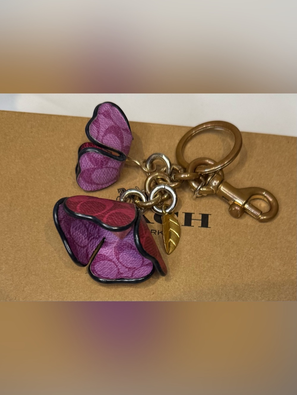 Coach Pink and Red Leather Tea Rose Bag Charm Keychain with Gold Leaf Accent